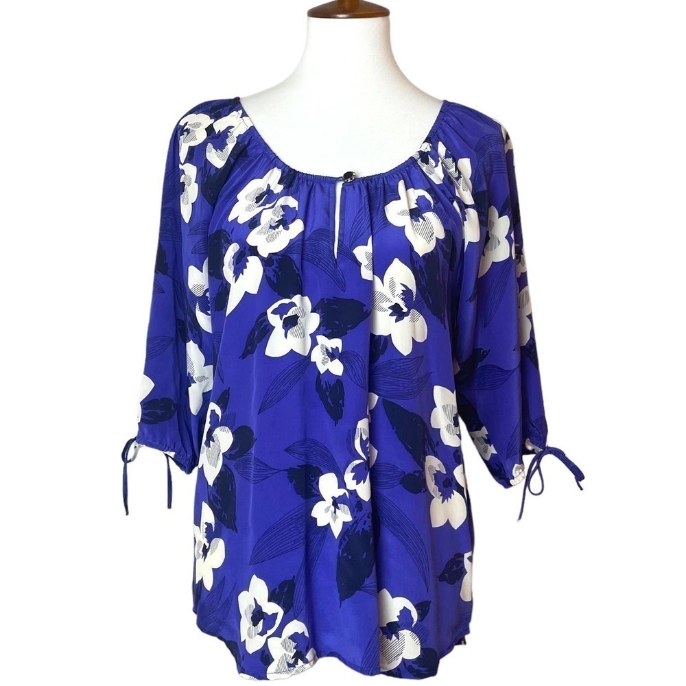 YUMI Kim Women's Royal Blue 100% Silk Floral Keyhole Neck Blouse Size Small